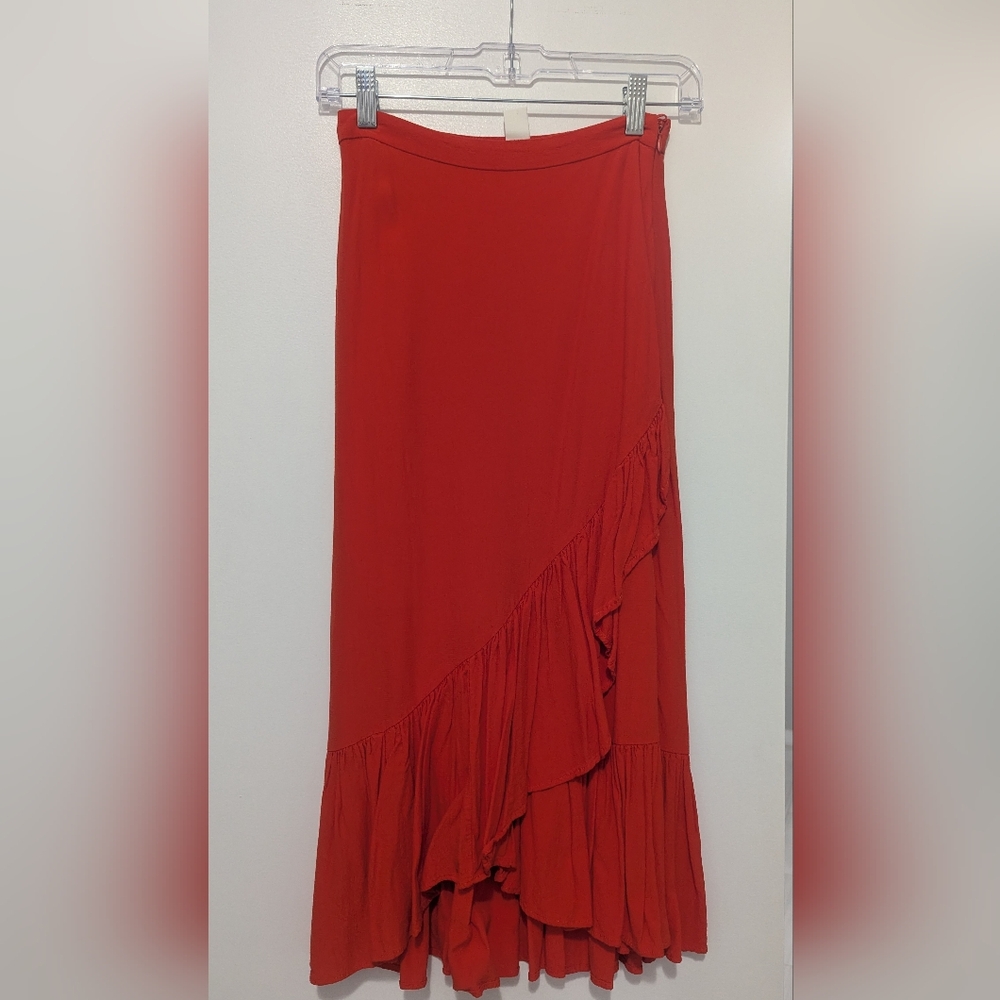 H&M Red Ruffle Midi Skirt